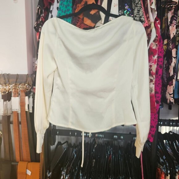 NWT STYLE FUNCTION CREAM SATIN FRONT TIE BLOUSE XS - Picture 4 of 4